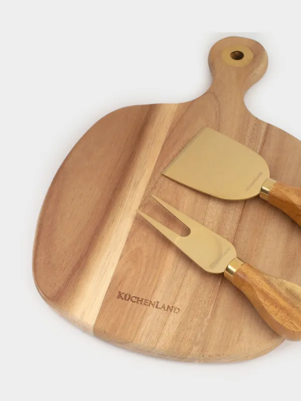 Cheese set, 4 pcs, dish board with handle, steel / wood, golden, Cheese gold, image-1
