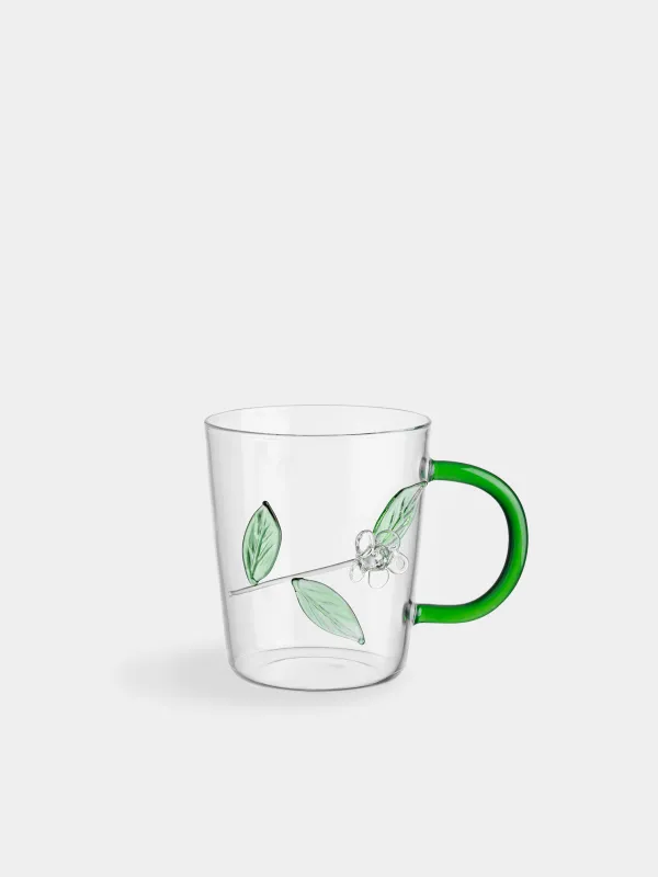 Mug, 380 ml, glass B, Green handle, Flowers, Bloome, image-0