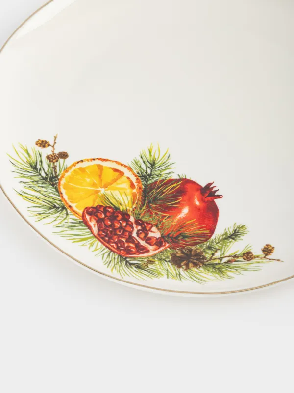 Dinner plate, 28 cm, porcelain N, white, with golden edging, Pomegranates and orange, Christmas miracle, image-3