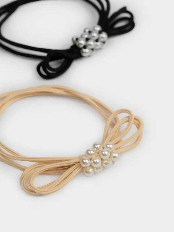 Hair tie set, 5 cm, 2 pcs, plastic / polyester, Black / Beige, Gracile, image-1