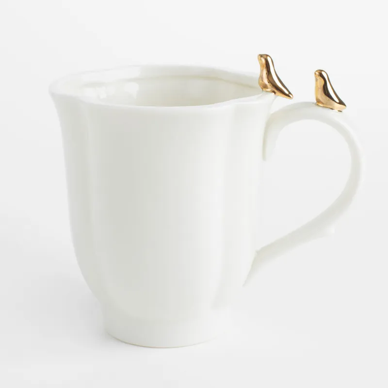 Mug, 370 ml, porcelain P, milky, Birds on the handle, Paradise garden