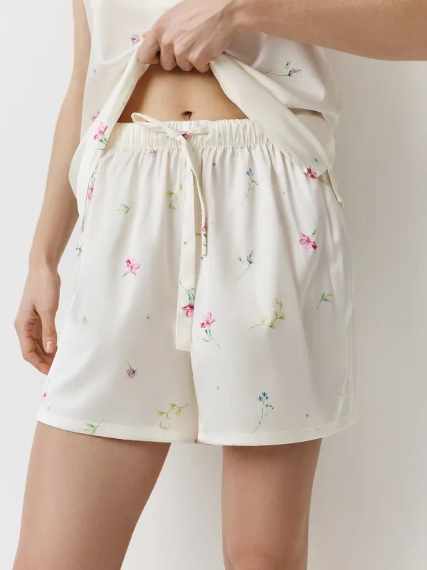 Women's shorts, homewear, size L, polyester, milky, Flowers, Sevilla, image-1