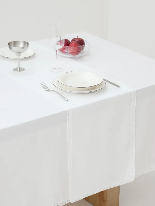 Table runner, 40x160 cm, with PU coating, polyester/viscose/linen, white, Lace, Comely lace, image-6