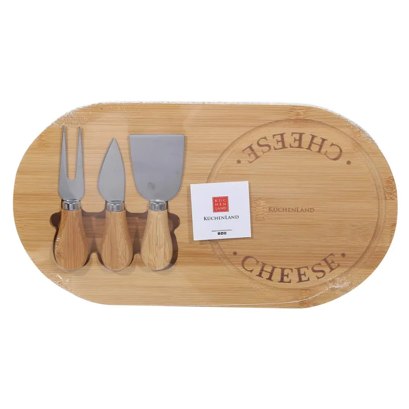Cheese set, 4 pcs, stand board, Steel / Bamboo, Oval, Cheese, image-3