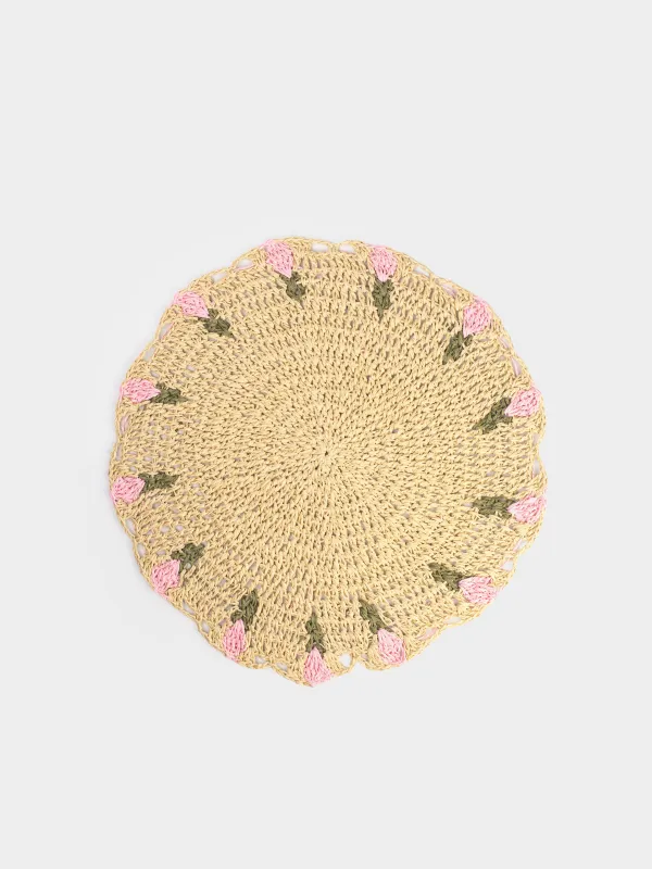 Placemat, 38 cm, cellulose, round, sand, Flowers, Braided, image-0
