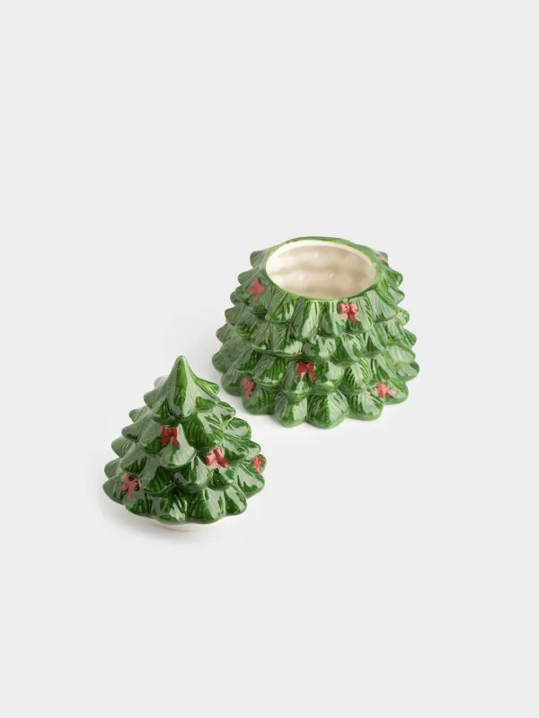 Storage container, 16x20 cm, 730 ml, ceramic, green, Spruce with bows, Christmas traditions, image-3