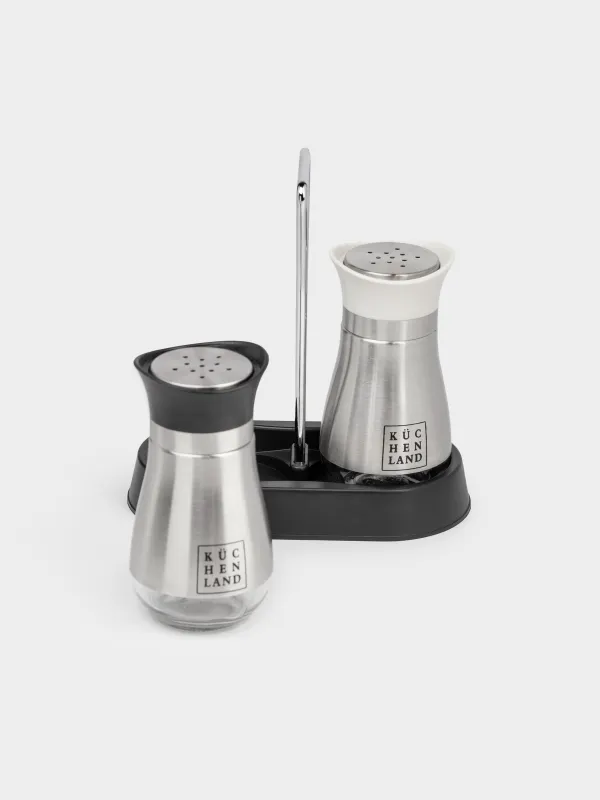 Salt and pepper set, 16 cm, on stand, steel / glass, black / beige, Classic, image-2