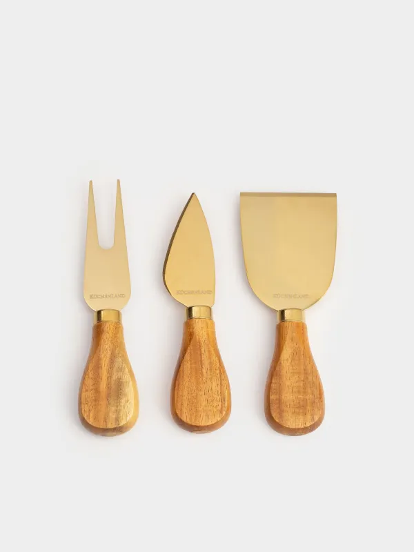 Cheese set, 4 pcs, dish board with handle, steel / wood, golden, Cheese gold, image-3