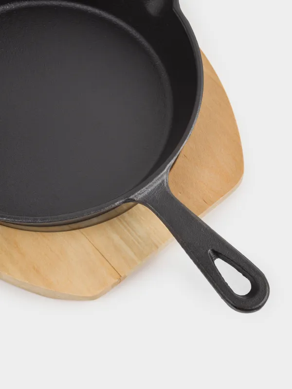 Frying Pan with base, 20 cm, cast iron/wood, round, black, Authentic, image-6