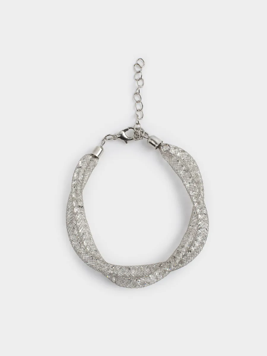 A bracelet, 24 cm, double, metal / rhinestones, silver, Weaving, Jewelry, image-0