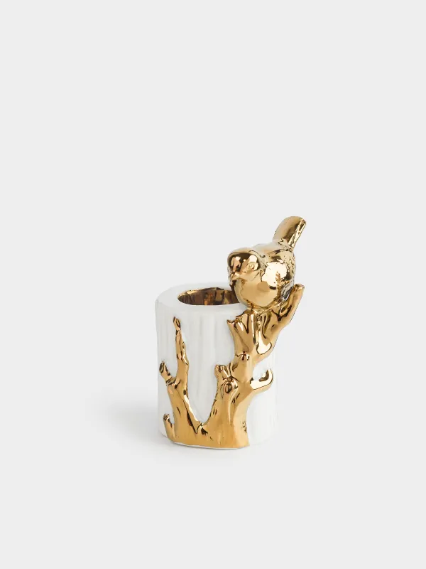 Toothpick stand, 8 cm, ceramic, milky gold, Bird on a branch, Paradise garden, image-0