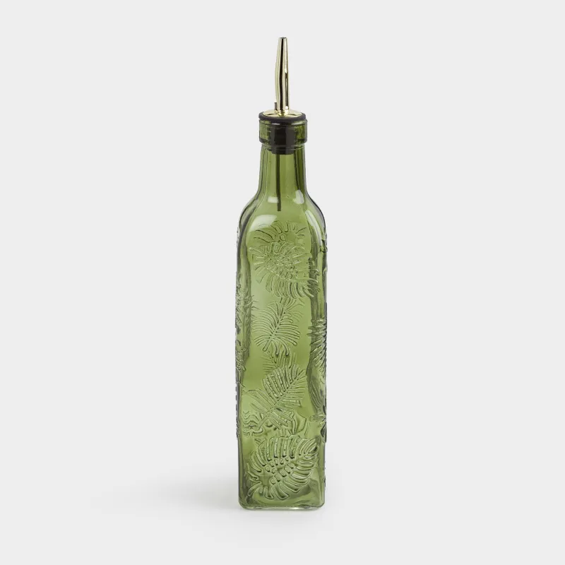 Oil or vinegar bottle, 500 ml, with dispenser, glass R / metal, green, Monstera, Royal jungle