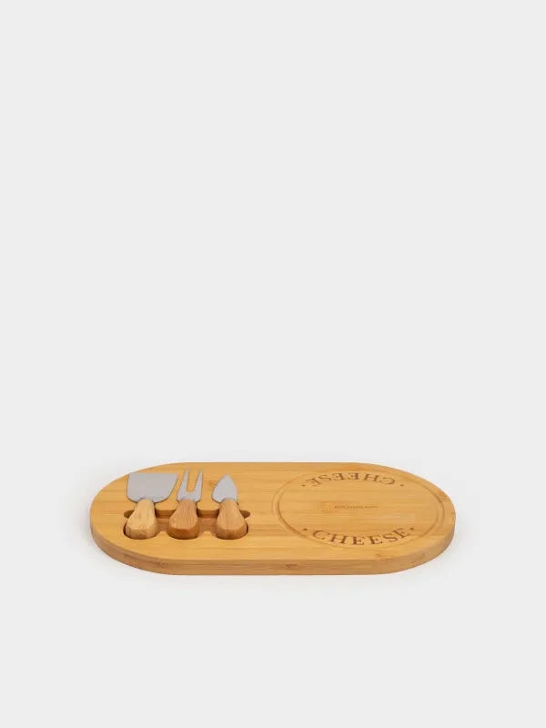 Cheese set, 4 pcs, stand board, Steel / Bamboo, Oval, Cheese, image-3