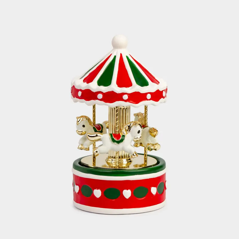 Statuette, musical, 16 cm, illuminated, ceramic, red-green, Carousel, Christmas style