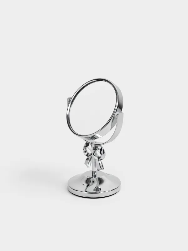 Table mirror, 16x9 / 7 cm, double-sided, on a leg, metal, round, silver, Fantastic, image-1