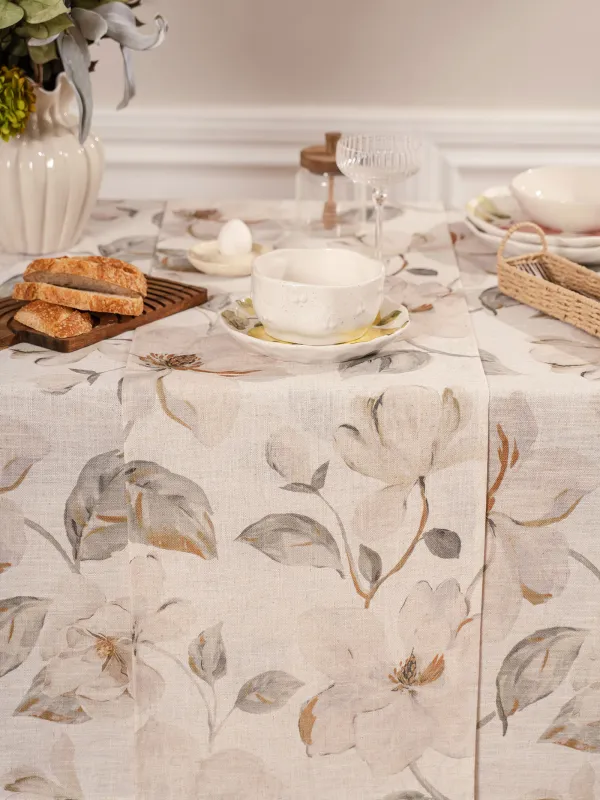 Table runner, 40x160 cm, polyester / linen, milky yellow, Flowers, Flowery flax, image-2