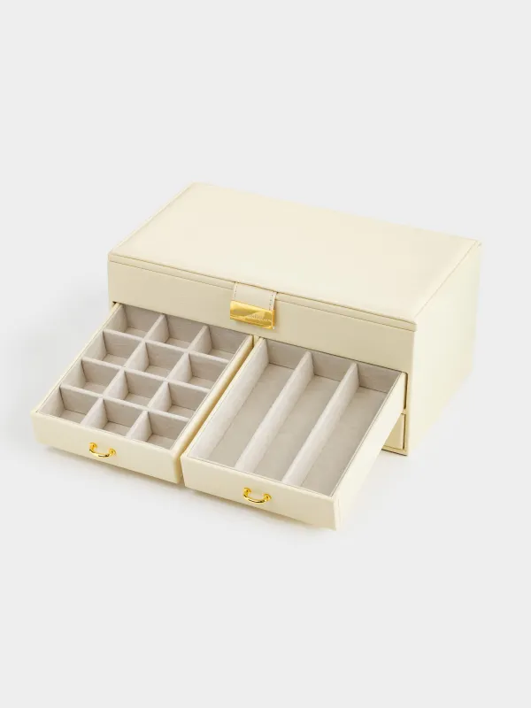 Jewelry box, 26x15 cm, with mirror, wood/PU leather, ecru, Premiere, image-3