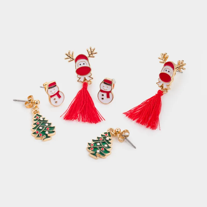 Stud earrings, 1/2/4 cm, 6 pieces, metal, gold, Snowman/Christmas Tree / Deer, Jewelry christmas