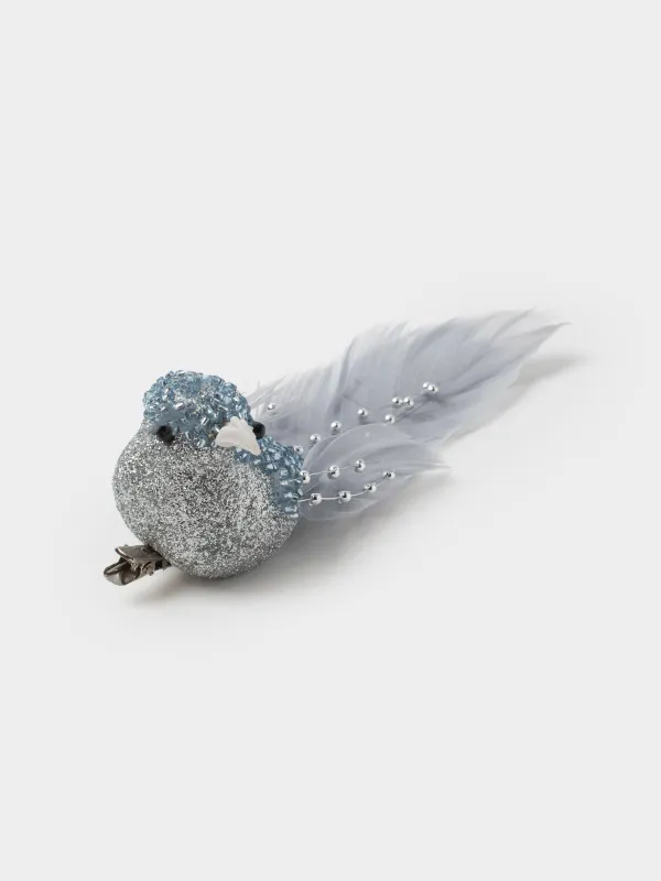 Decorative ornament, 19 cm, clip - on, foam/feather, silver, Bird, Birds NY, image-0