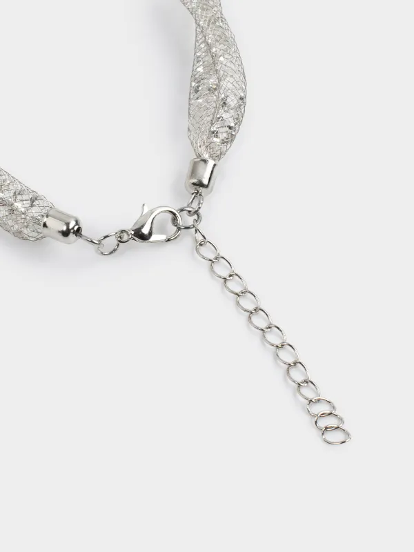 A bracelet, 24 cm, double, metal / rhinestones, silver, Weaving, Jewelry, image-3