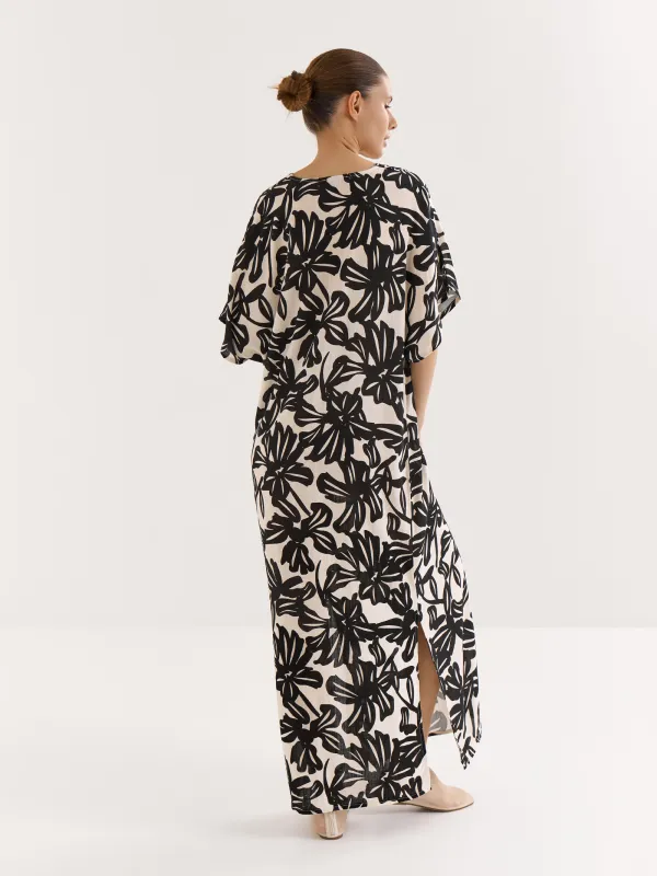 Women's dress, maxi, size S, with short sleeves, viscose, beige-black, Flowers, Almi, image-5