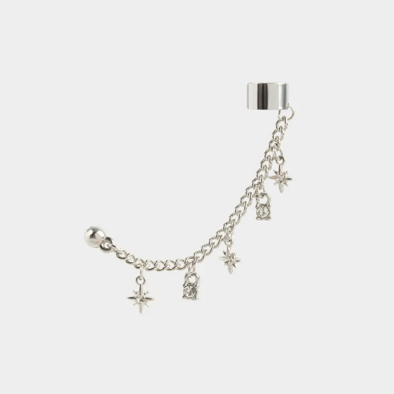 Cuff earring, single size, with pendant, Metal / Rhinestones, Stars, Mineral