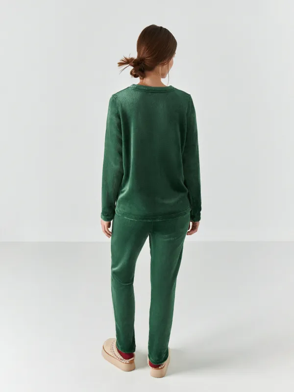 Women's two piece set, homewear, size S, with trousers, fleece, green, Cats, Amber, image-3