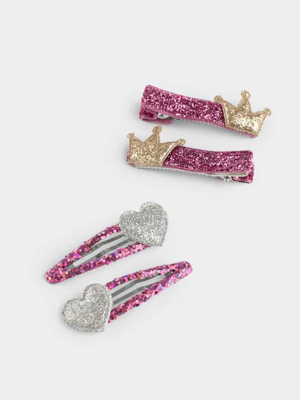 Hair clip set, 5 cm, 4 pcs, children's, plastic / metal, purple, Crown/Heart, Gracile, image-3