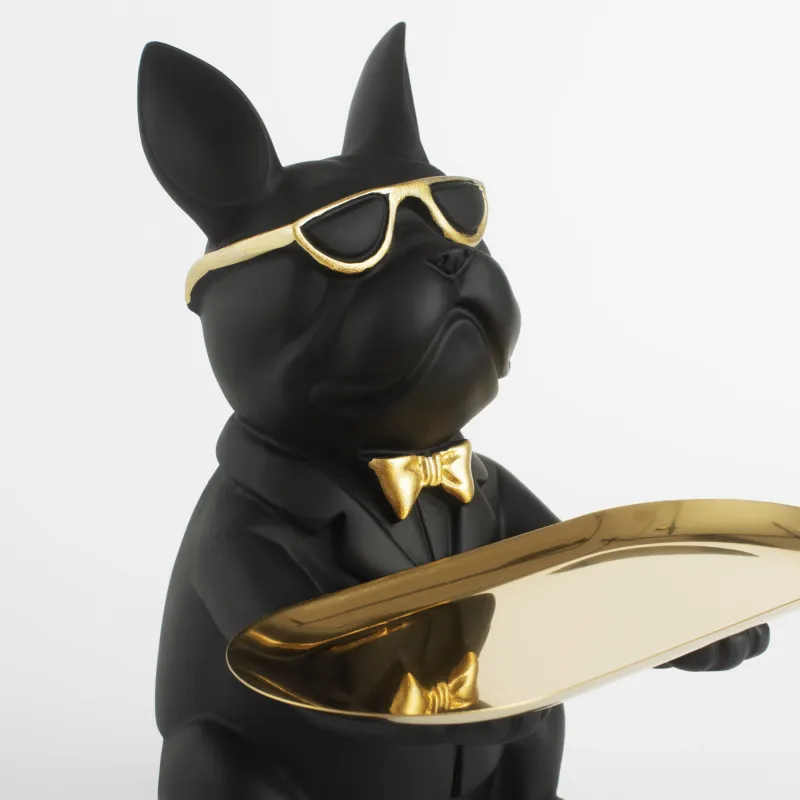 Decorative dish, 23 cm, with piggy bank, polyresin / metal, golden-black, Bulldog, Dog, image-4