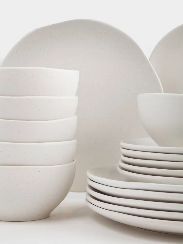 Dining set, 6 persons, 18 items, ceramic, milky, speckled, Uneven edge, Demicile light, image-1