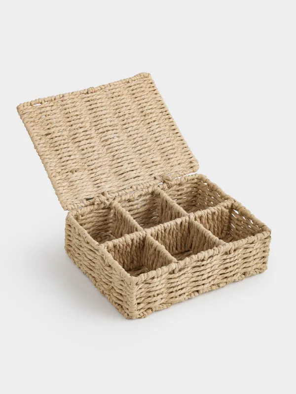 Tea box, 26x21 cm, 6 compartments, braided, with handles, cellulose, Rectangular, Braided, image-4