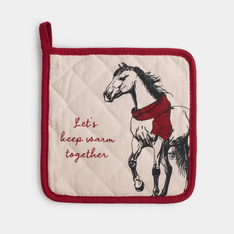 Potholder, 20x20 cm, cotton, grey-beige, Horse, Horse in scarf
