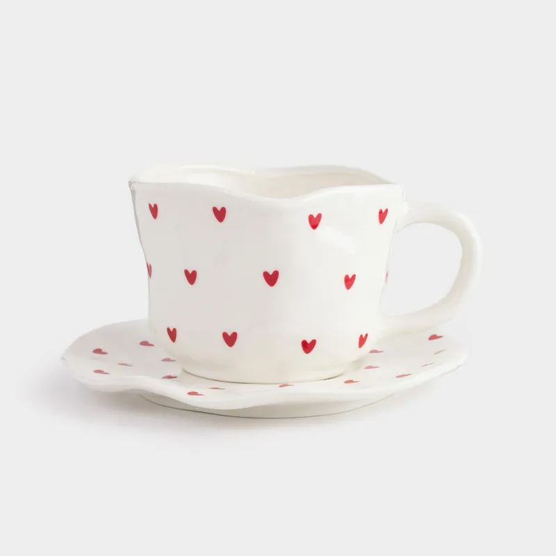 Tea pair, 1 person, 2 items, 320 ml, porcelain P, milky, Hearts, Crumple amour, image-1