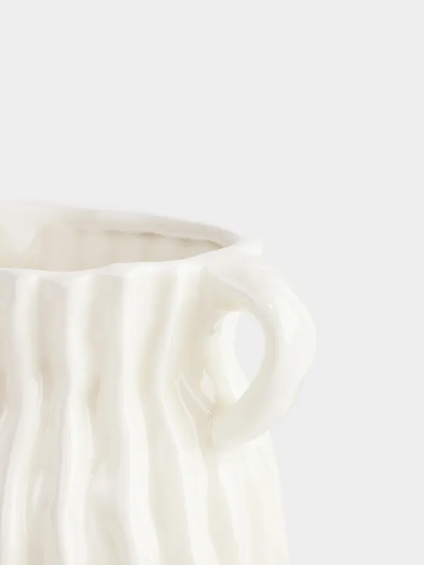 Flower vase, 18 cm, with handles, ceramic, White, Textured lines, Wavy, image-2