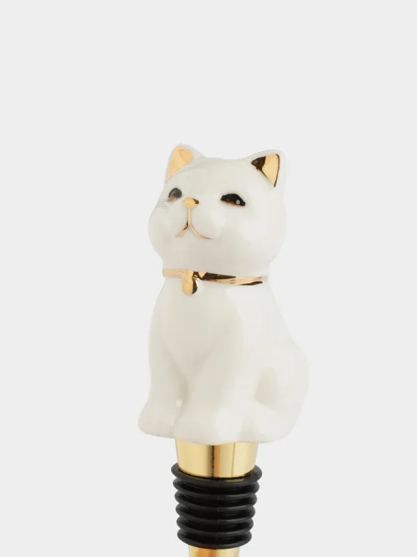 Bottle stopper, 13 cm, steel / porcelain P, white and gold, Cat, Cat, image-2