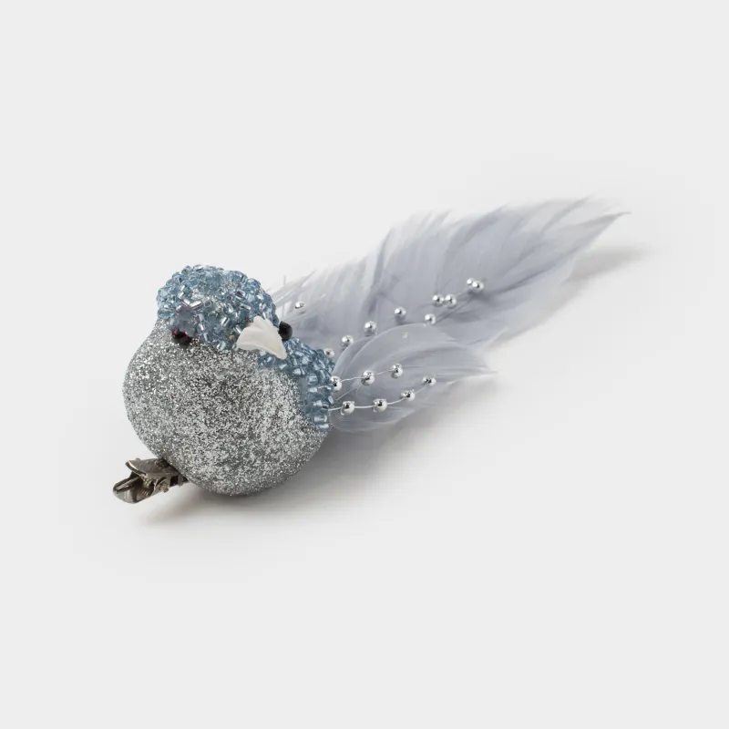 Decorative ornament, 19 cm, clip - on, foam/feather, silver, Bird, Birds NY