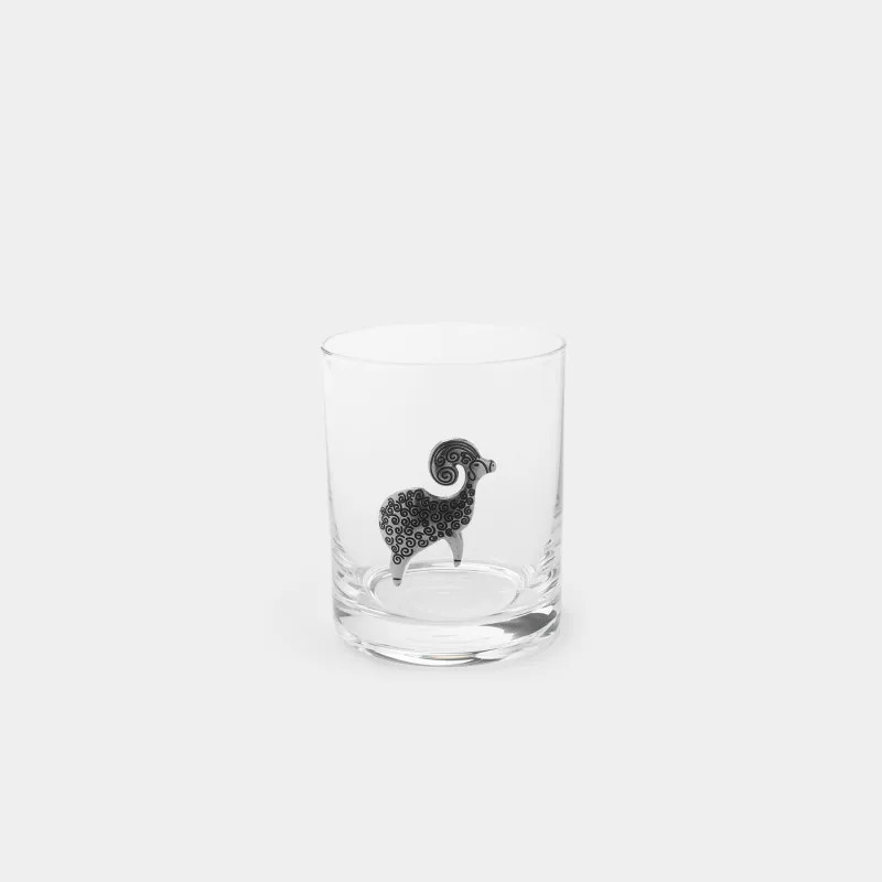 Whiskey glass, 10 cm, 340 ml, glass / metal, silver, Aries, Zodiac