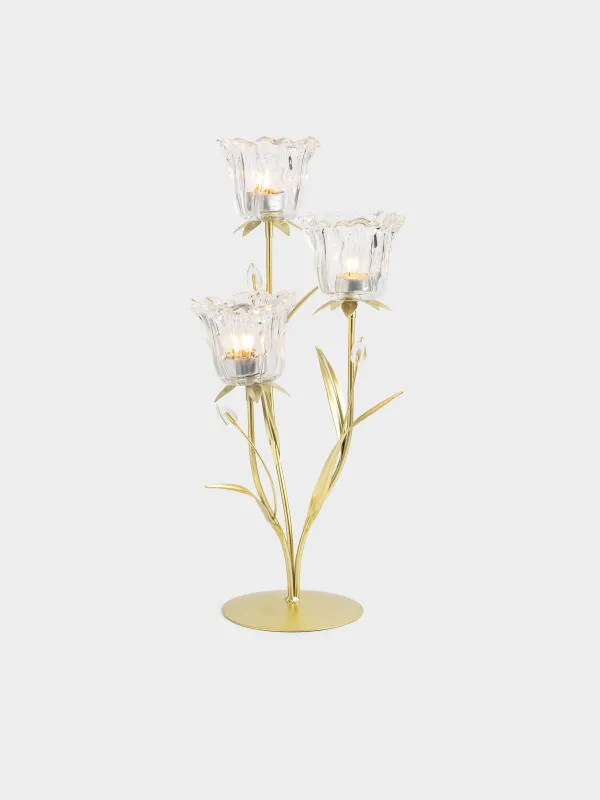 Candlestick, 47 cm, 3 tea candles, glass / metal, golden, Flowers, Fantastic flowers, image-3