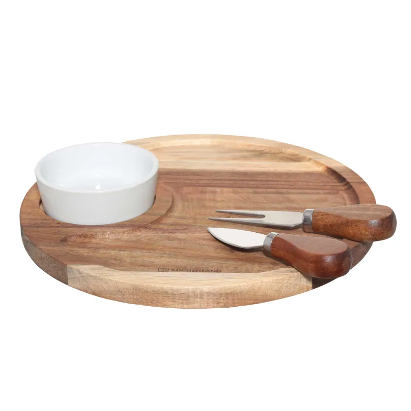 Cheese set, 4 pcs, dish board/bowl, steel / ceramic / wood, Circle, Noble tree, image-0