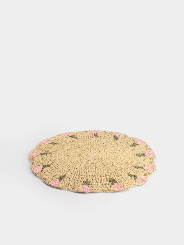 Placemat, 38 cm, cellulose, round, sand, Flowers, Braided, image-1