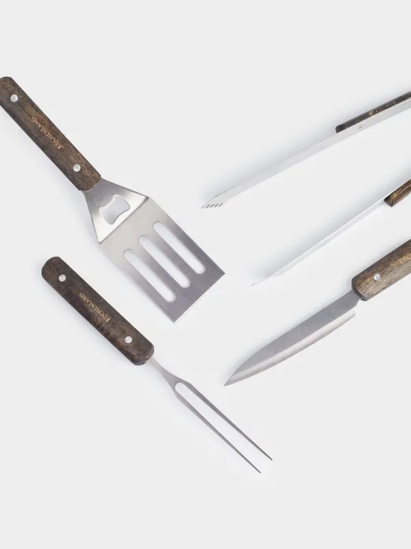 BBQ set, 4 items, in leather case, steel / wood / eco-leather, BBQ, image-2