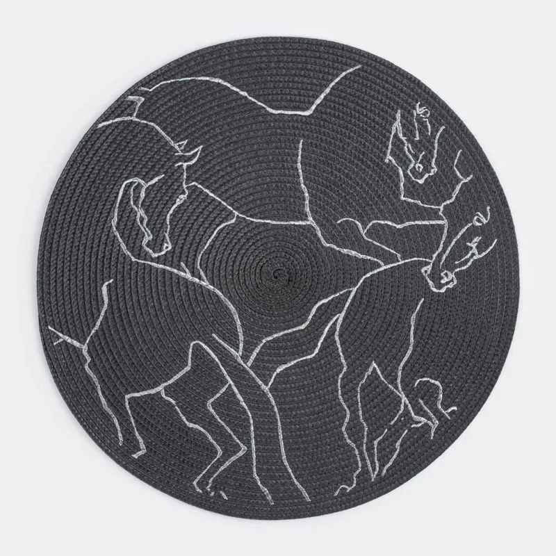 Placemat, 38 cm, polyester, round, dark grey, Horses, Circle embroidery