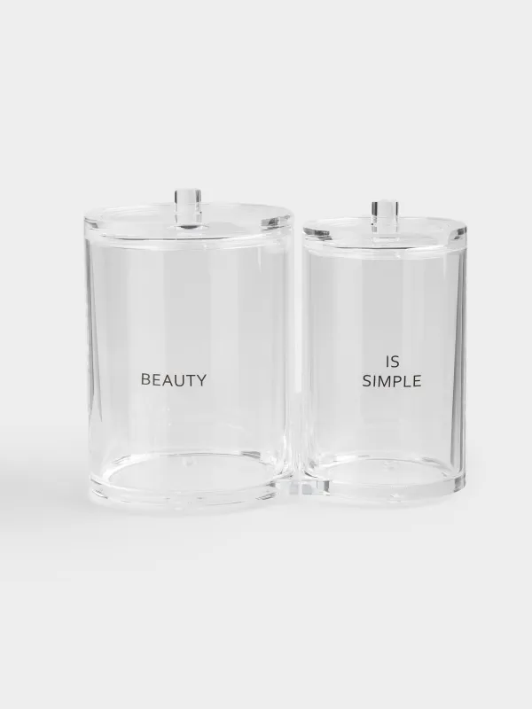 Cotton pad / swabs container, 15x12 cm, 2 compartments, with lid, plastic, Basic font, image-0