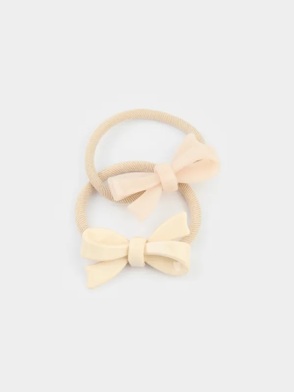 Hair tie set, 6 cm, 2 pcs, for children, acrylic / polyester, pink / milk, Bow, Gracile, image-1