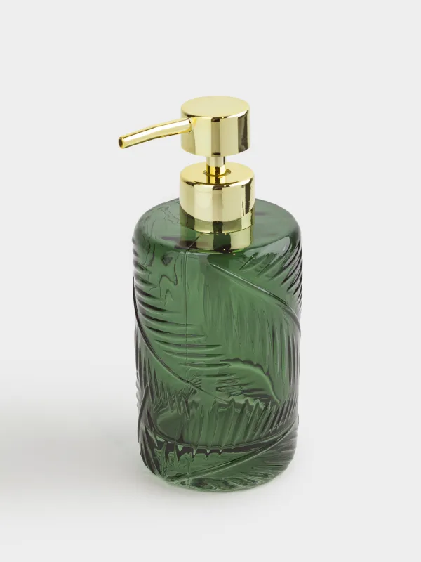 Liquid soap dispenser, 350 ml, glass, Green, Tropical leaves, Tropical leaves, image-1