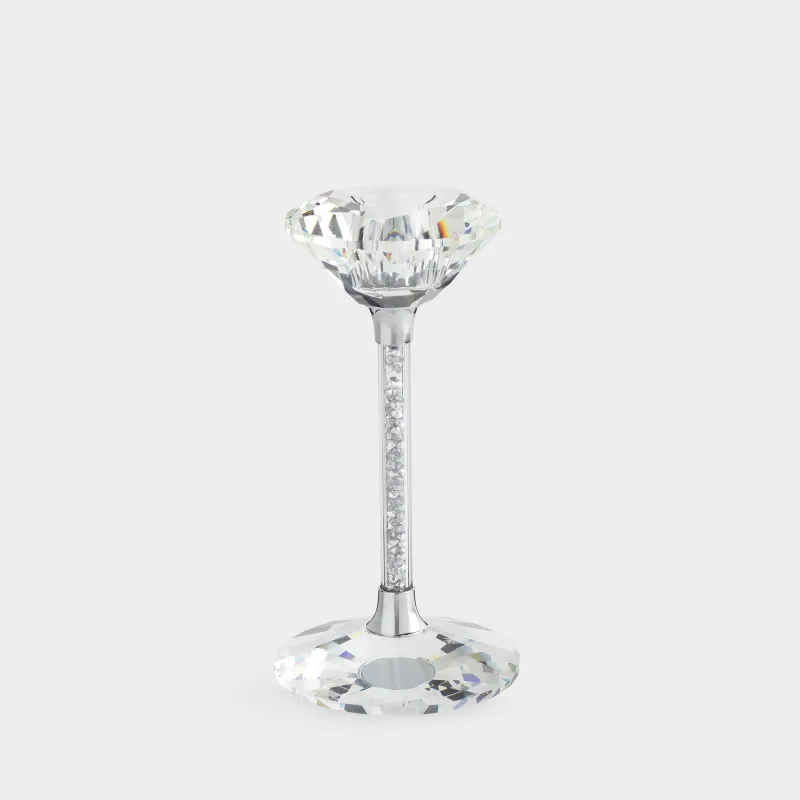 Candlestick, 15 cm, for a thin candle, on a leg, glass / rhinestones, Silver crystals, Diamond