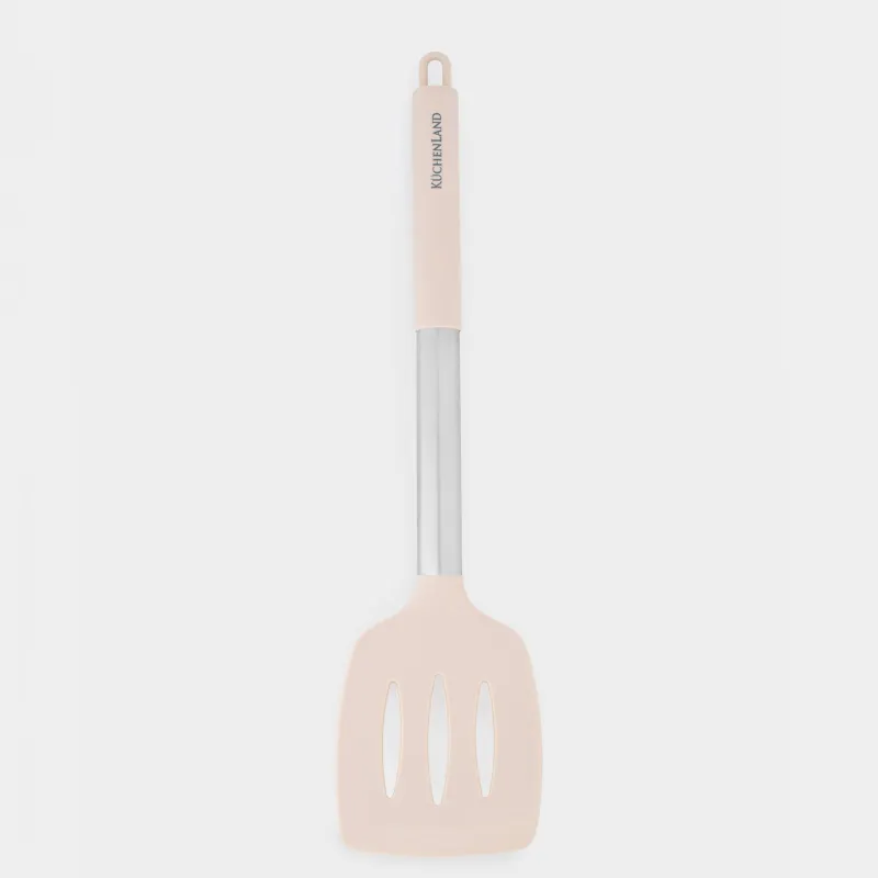 Spatula, 34 cm, with slits, silicone / steel, grey-beige, Metallic