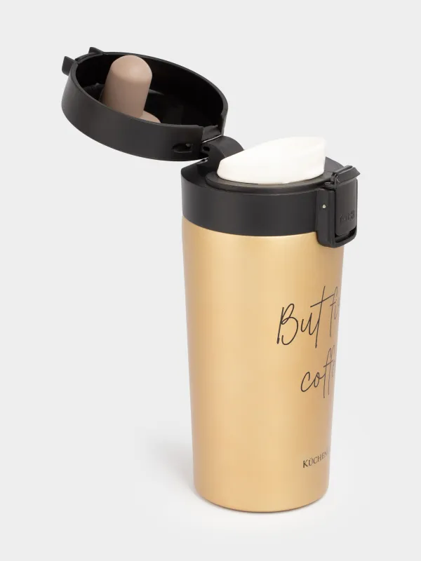 Thermo mug, 380 ml, steel / plastic, gold, matte, But first, cofee, Voyage, image-1
