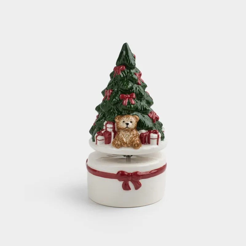 Statuette, musical, 15 cm, wind-up, ceramic, Bear and horse by the fir tree, Christmas traditions