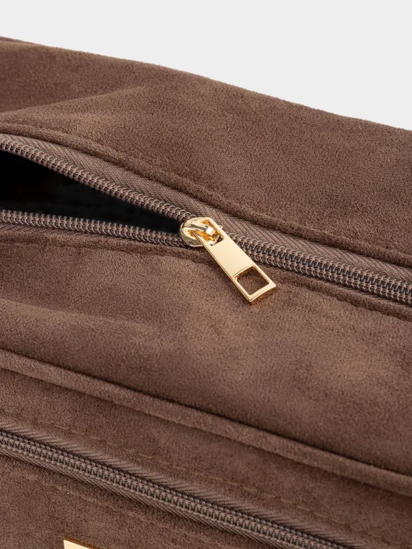 Makeup bag, 27x13 cm, with handle, faux suede, brown, Beauty suede, image-4